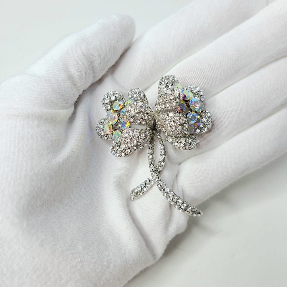 Worth & Douglas WD Signed Rhinestone AB Crystal Vintage Floral Pendant Brooch - Picture 6 of 8